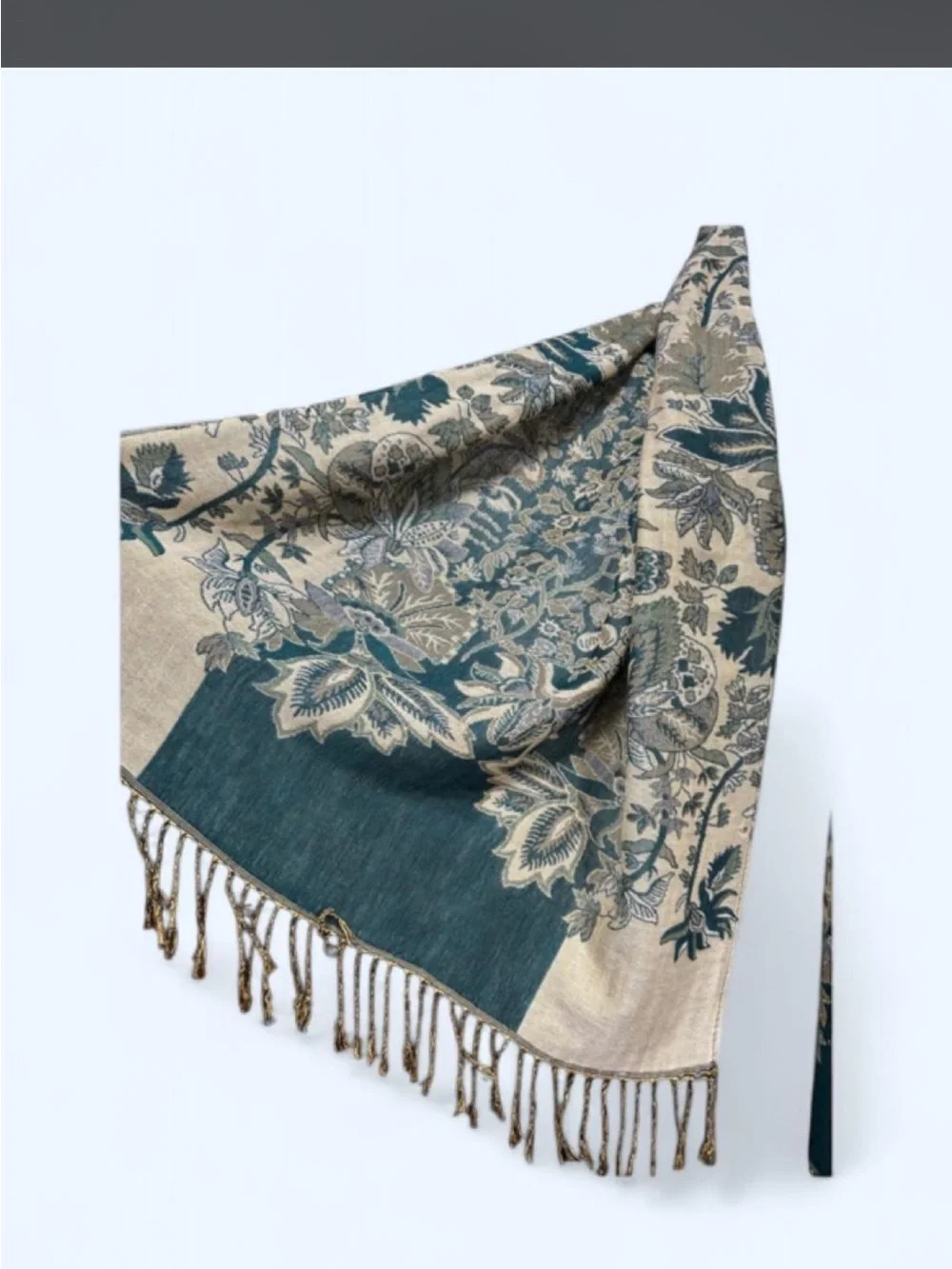 Woven Floral Fringe Wrap Coat - Teal & Cream